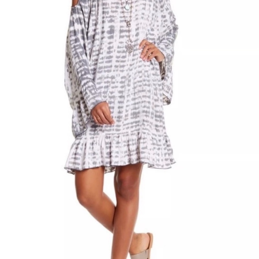 Tiare Hawaii Hana Cold Shoulder Tie-Dye Ruffle Sleeve Gray and White Mini Dress